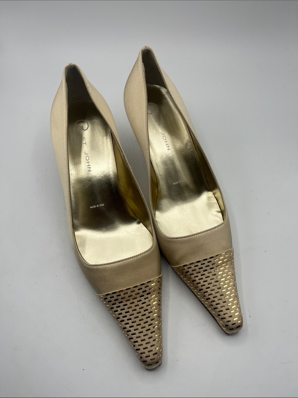 St. John Beige Pointed Toe Pumps with Gold Perforated Toe